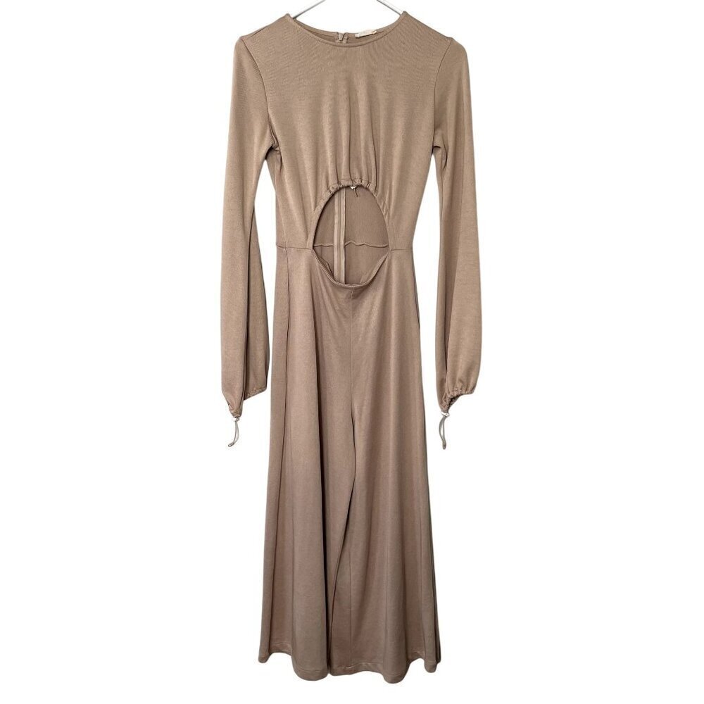 Zara w&b brown tan jumpsuit cutouts wide leg style breathable‎ women size small